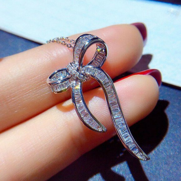 Jewelry - FIRM  925 Silver Italy Chain & White Sapphire Bow Pendant